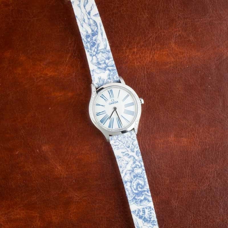 Omega De Ville Mini Tresor Steel on Blue Toile de Jouy - Chrono Swiss Watch Omega De Ville Mini Tresor Steel on Blue Toile de Jouy - Chrono Swiss Watch