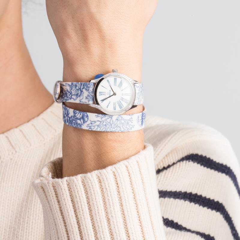 Omega De Ville Mini Tresor Steel on Blue Toile de Jouy - Chrono Swiss Watch Omega De Ville Mini Tresor Steel on Blue Toile de Jouy - Chrono Swiss Watch