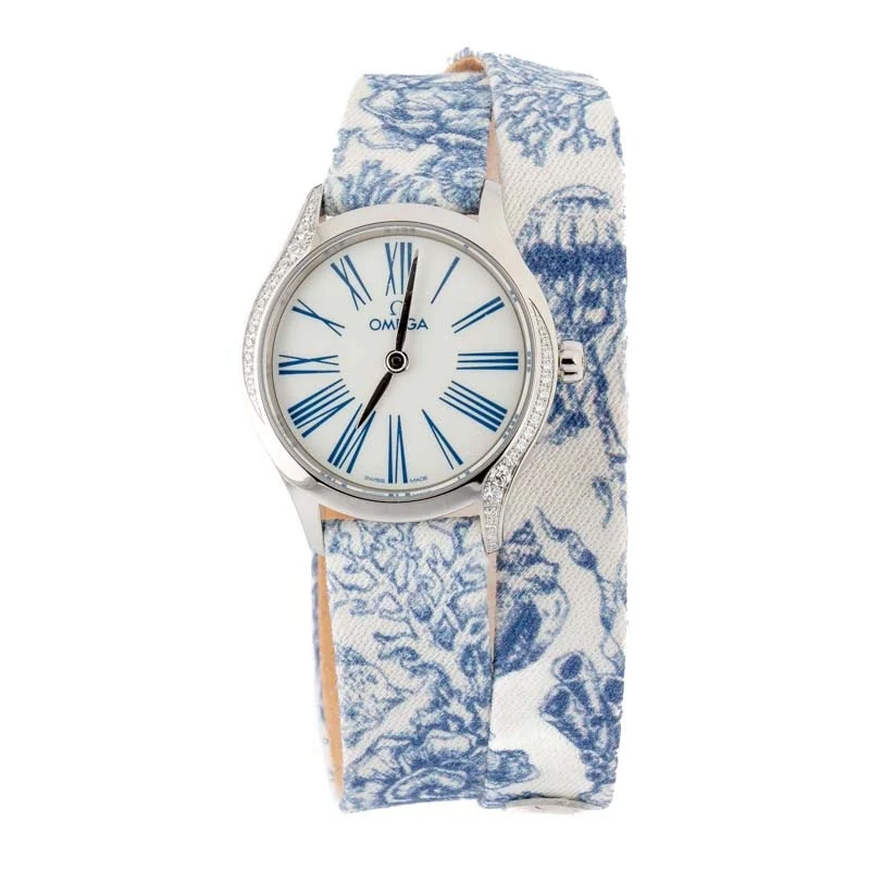 Omega De Ville Mini Tresor Steel on Blue Toile de Jouy - Chrono Swiss Watch Omega De Ville Mini Tresor Steel on Blue Toile de Jouy - Chrono Swiss Watch