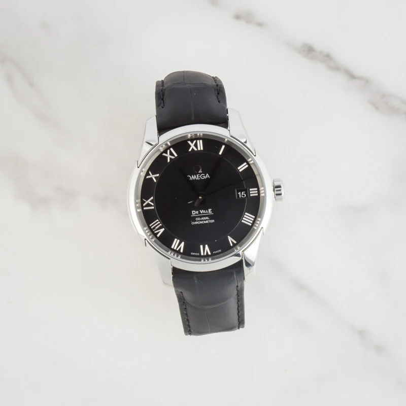 Omega Steel on Leather De Ville Black Roman Dial - Chrono Swiss Watch Omega Steel on Leather De Ville Black Roman Dial - Chrono Swiss Watch