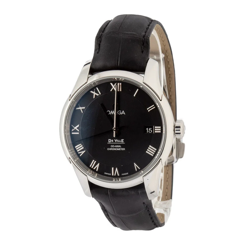 Omega Steel on Leather De Ville Black Roman Dial - Chrono Swiss Watch Omega Steel on Leather De Ville Black Roman Dial - Chrono Swiss Watch