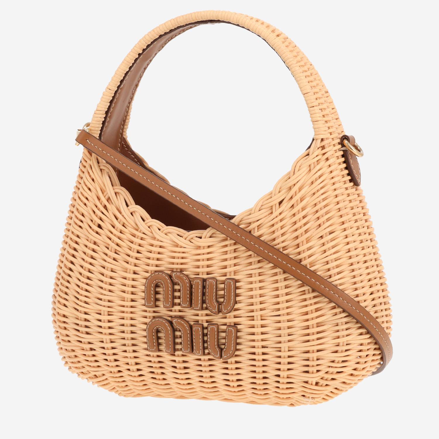Sac à main Miu Miu Wander en osier beige et cuir marron Sac à main Miu Miu Wander en osier beige et cuir marron